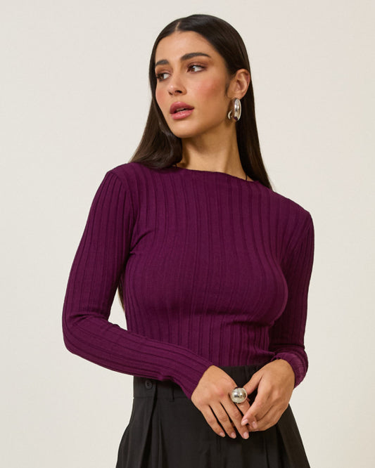 Blusa Tricot Canelado Manga Longa ROXO