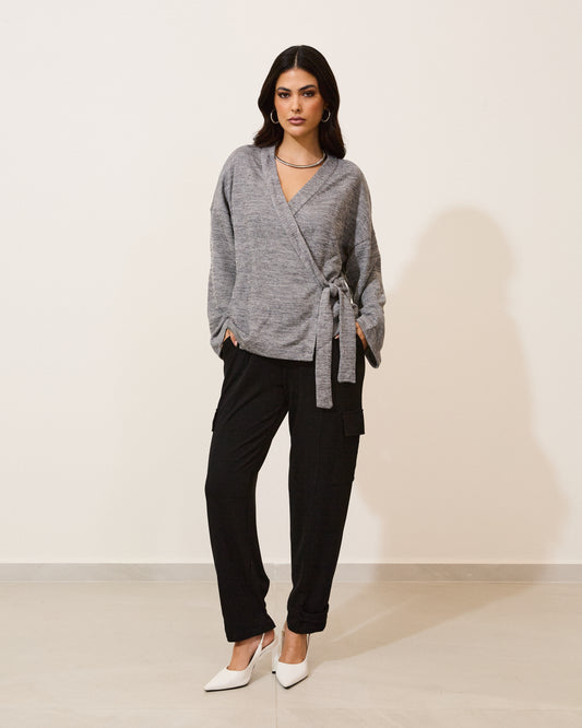 Blusa Transpassada Malha Rib Mescla CINZA