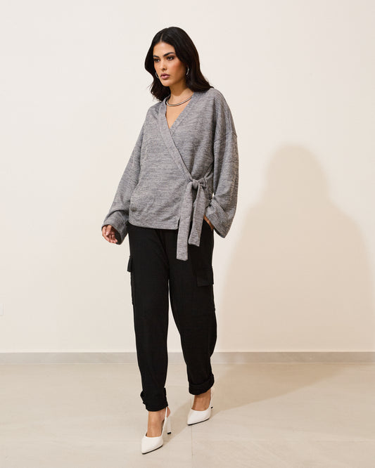 Blusa Transpassada Malha Rib Mescla CINZA