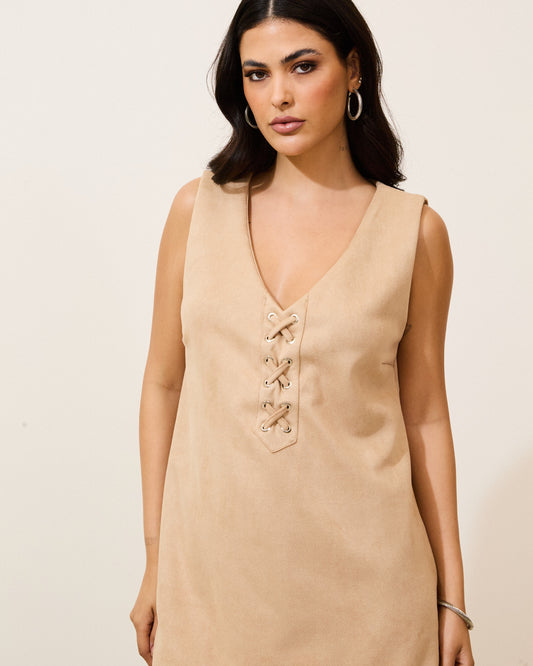 Vestido Suede Amplo com Ilhós Marrom BEGE