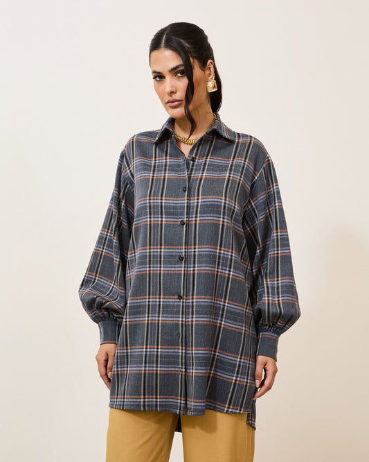 Camisa Oversized Estampada Xadrez Azul UNICA
