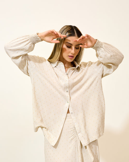 Camisa Fluida Estampa Dourada BEGE