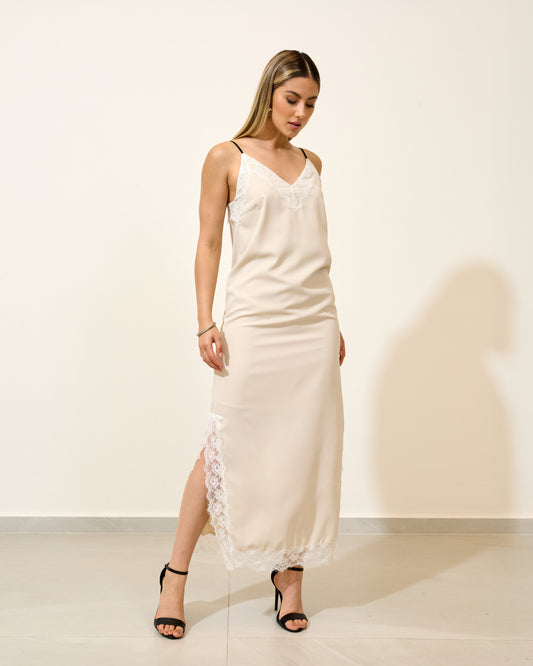 Vestido Slip Regata Renda Bege AREIA