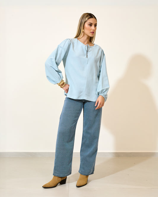 Blusa Viscolinho Manga Longa Bufante AZUL