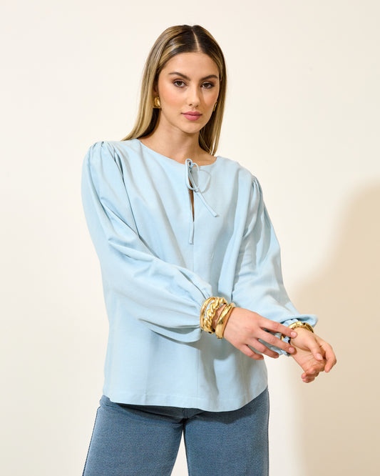 Blusa Viscolinho Manga Longa Bufante AZUL