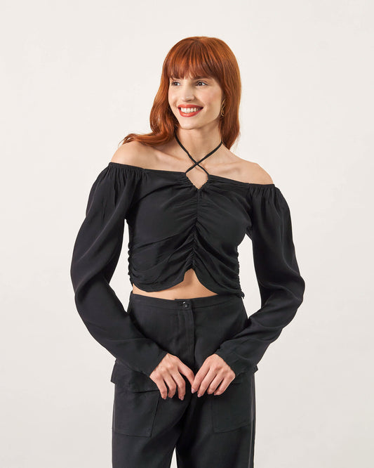 Blusa Manga Longa Drapeado PRETO
