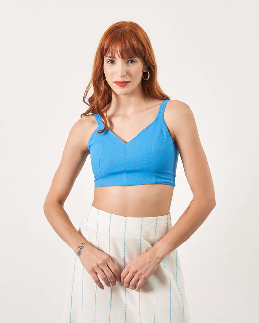 Top Cropped em Linho AZUL