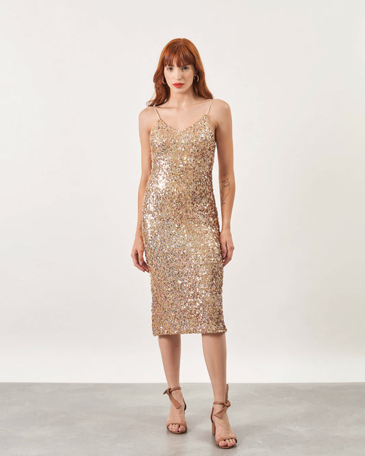 Vestido Midi Maya Decote V DOURADO