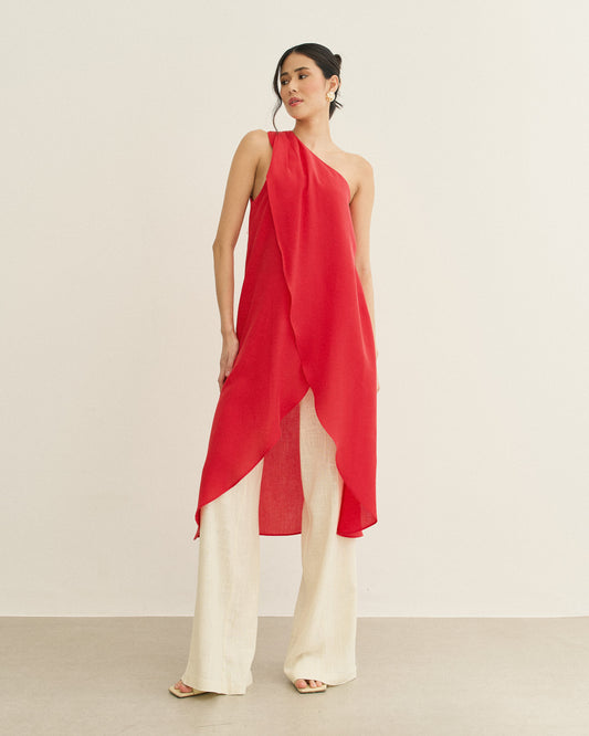 BLUSA ALONGADA TÚNICA OMBRO SÓ HIBISCO (VERMELHO)
