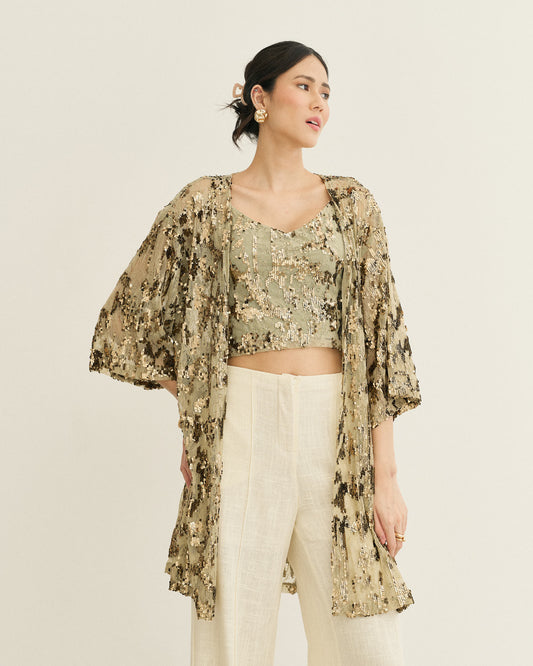 BLUSA KIMONO ALONGADO RENDA PAETÊ LOURO (VERDE)