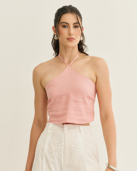 TOP BICO FRENTE U COM LASTEX ROSA