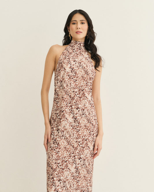 VESTIDO LONGO FRENTE ÚNICA AMARRAÇÃO ONCA(MARROM COM BEGE)