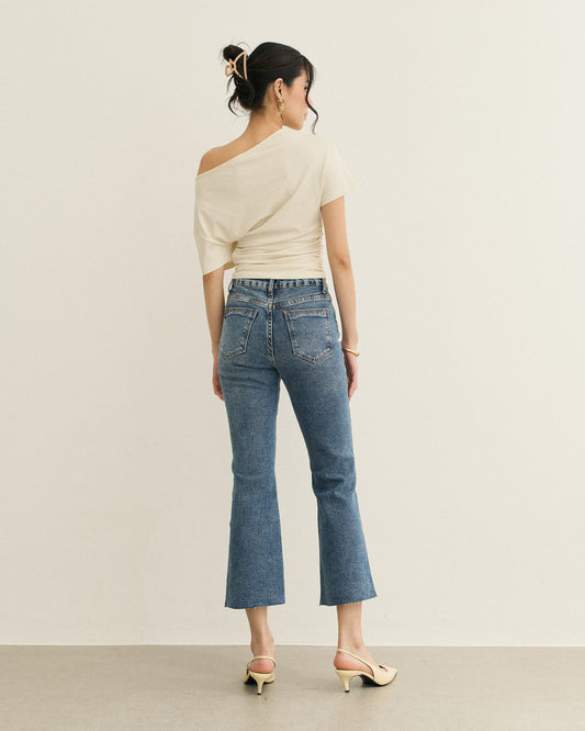 CALÇA FLARE CROPPED JEANS AZUL