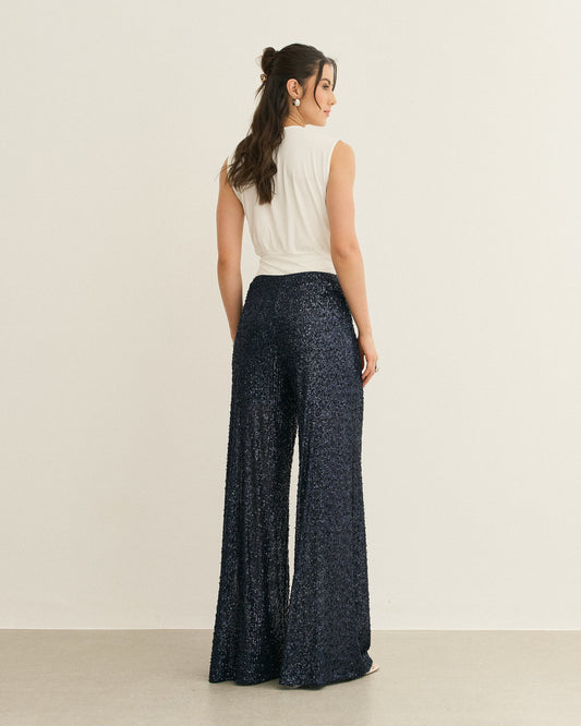 CALÇA PANTALONA DE PAETÊ AZUL