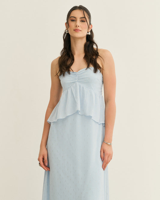 VESTIDO SEM ALÇA COM BABADOS AZUL