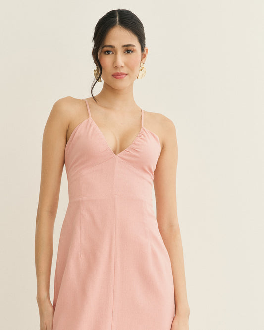 VESTIDO BUSTO FRANZIDO AMARRAÇÃO COSTAS ROSA