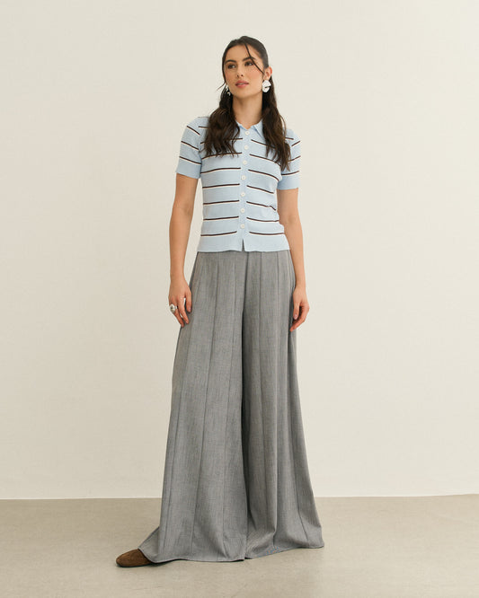 BLUSA POLO TRICOT MANGA CURTA LISTRADA AZUL/MARROM/OFF
