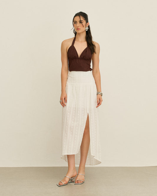 BLUSA MALHA FRENTE ÚNICA DECOTE V POUDRE DE CACAO (MARROM)