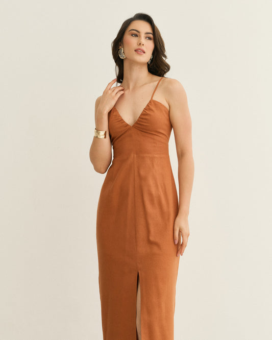 VESTIDO BUSTO FRANZIDO AMARRAÇÃO COSTAS MARROM