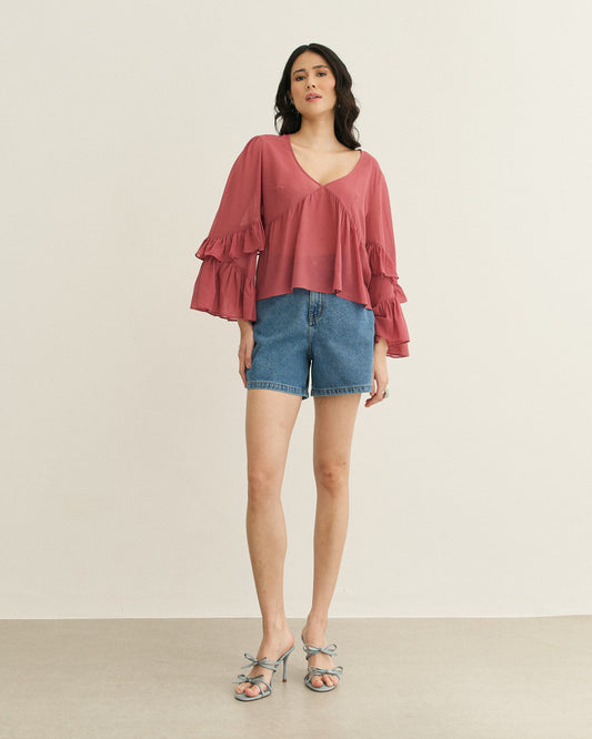 BLUSA MANGA BABADOS ROSA QUEIMADO