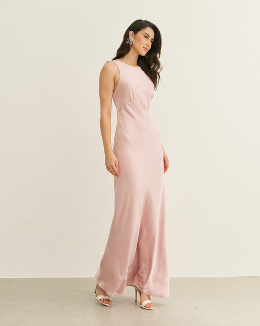 VESTIDO LONGO DECOTE V COSTA ROSA