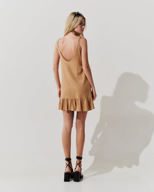 Vestido Decote V e Babado BEGE