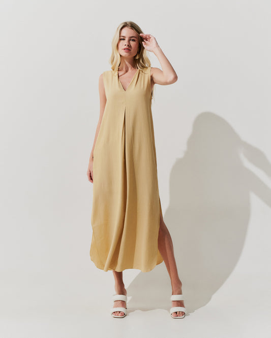Vestido Longo Visco  Linho BEGE