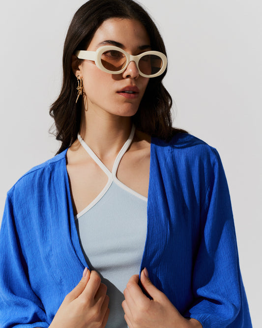 Blusa Kimono Recortes Branco AZUL