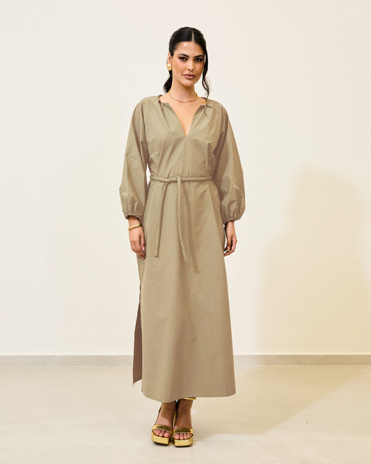 Vestido Longo Manga Bufante Cinto BEGE