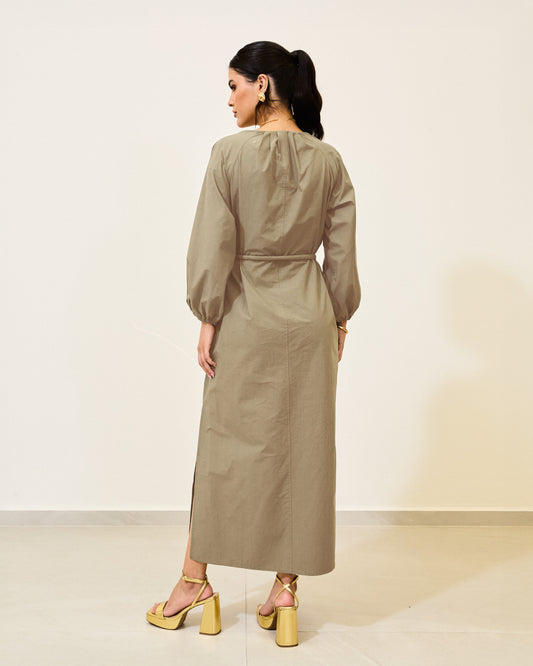 Vestido Longo Manga Bufante Cinto BEGE