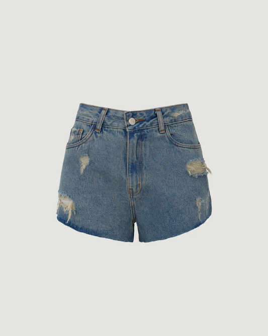 Shorts Cintura Alta com Rasgos e Puidos Jeans ESCURO