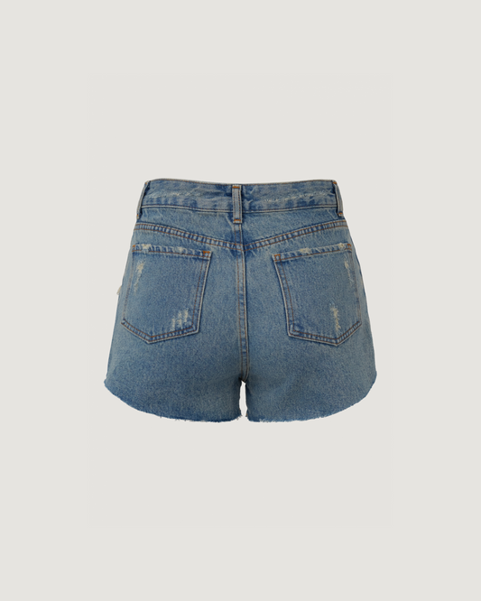 Shorts Cintura Alta com Rasgos e Puidos Jeans ESCURO
