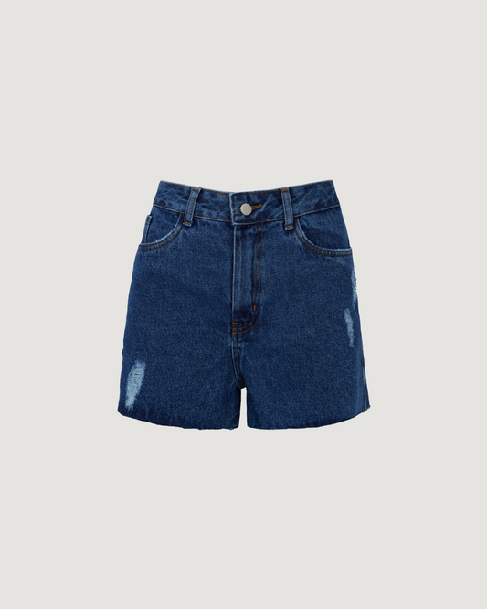 Shorts Cintura Alta com Puidos Jeans ESCURO