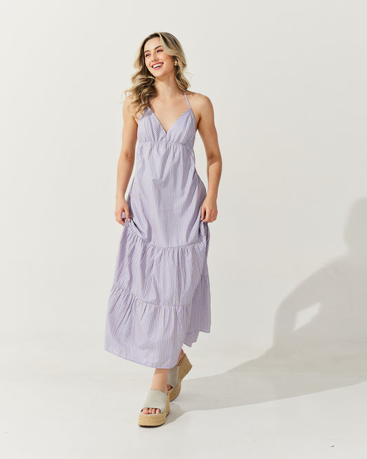 VESTIDO LONGO DECOTE V AZUL BALTICO