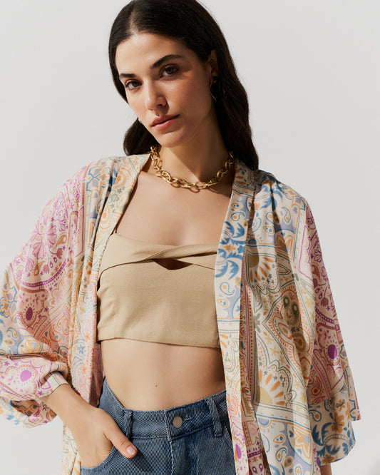 Blusa Kimono Estampado BEGE