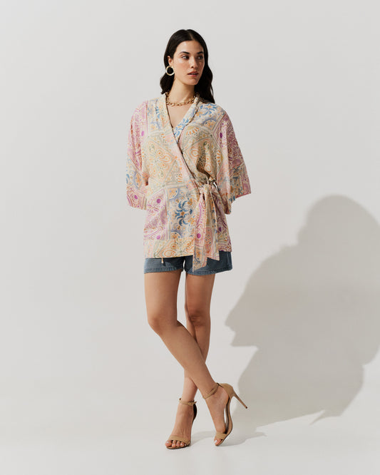 Blusa Kimono Estampado BEGE