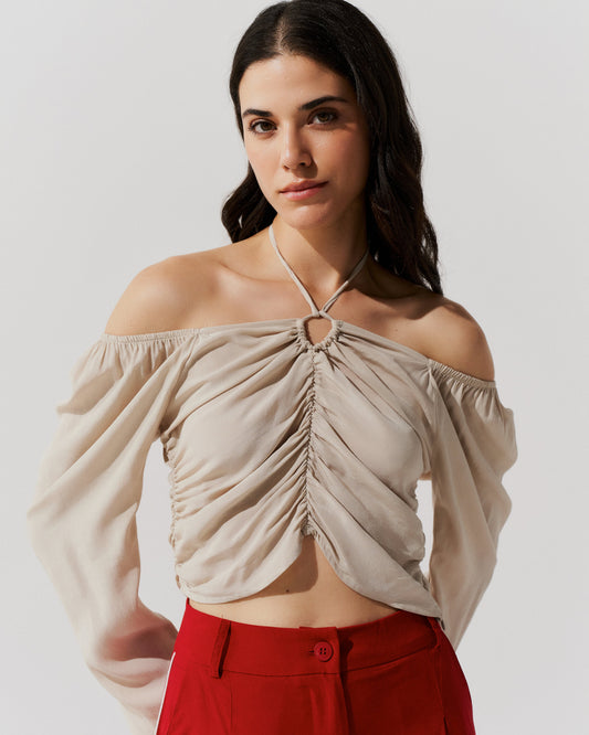 Blusa Manga Longa Drapeado BEGE