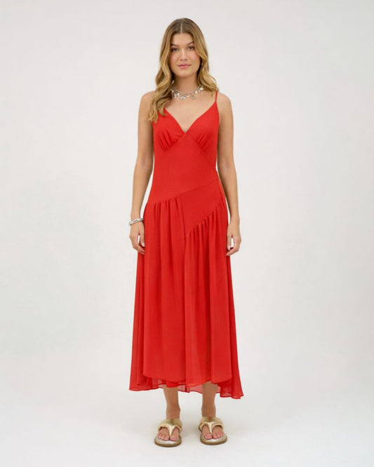 VESTIDO MIDI COM SOBREPOSIÇÃO VERMELHO