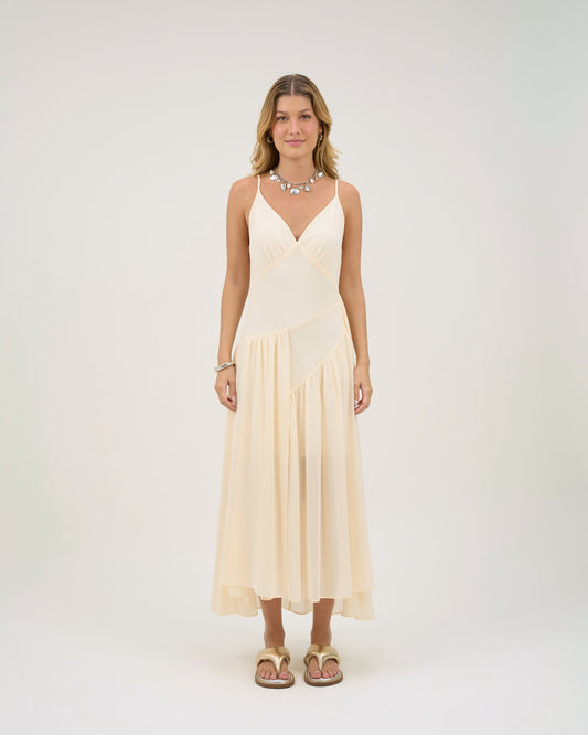 VESTIDO MIDI COM SOBREPOSIÇÃO OFF WHITE