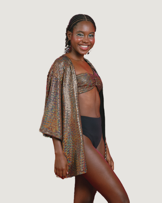 Blusa Kimono Paetê Holográfico MARROM