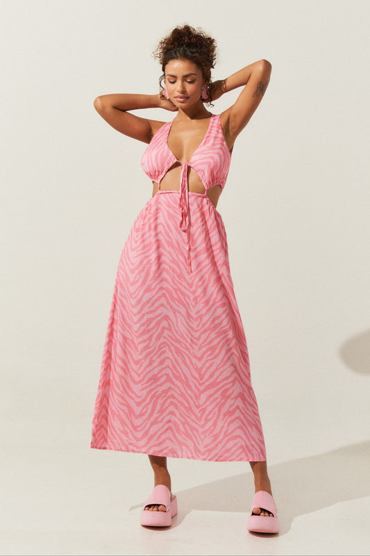 Vestido Tigrado Recorte Cintura ROSA