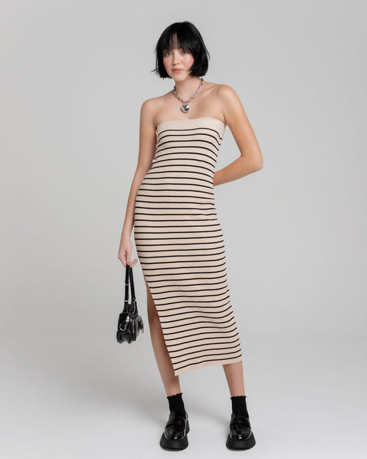 Vestido Midi Ombros Livres BEGE