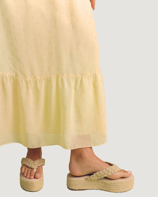 VESTIDO SEM ALÇA COM BABADOS AMARELO