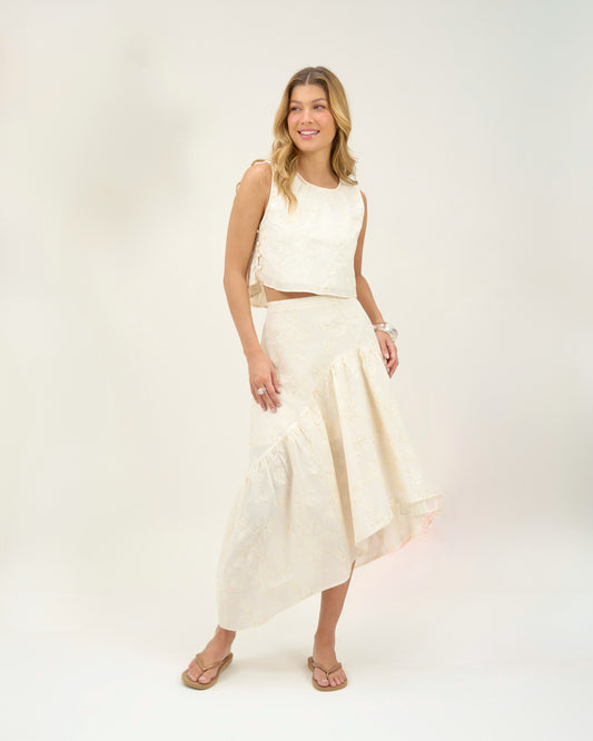 SAIA MIDI BORDADO RECORTE ASSIMÉTRICO BEGE