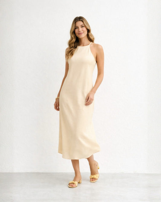 VESTIDO MIDI ALÇAS FINAS BEGE