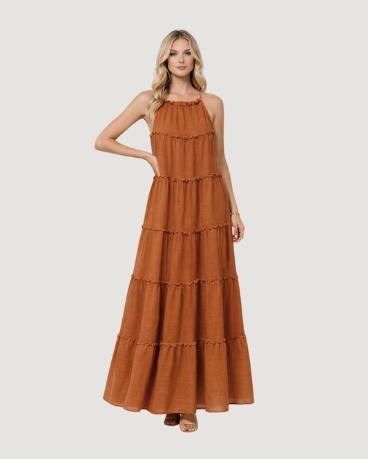 VESTIDO RECORTE BABADINHO MARROM