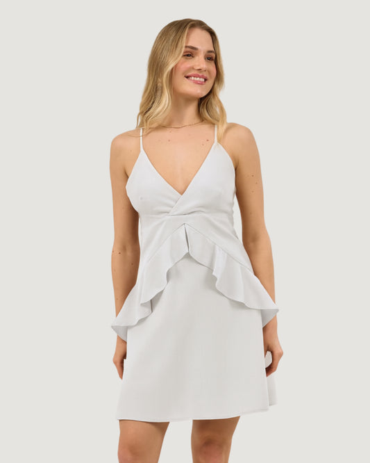 VESTIDO CURTO COM BABADO FRONTAL OFF WHITE