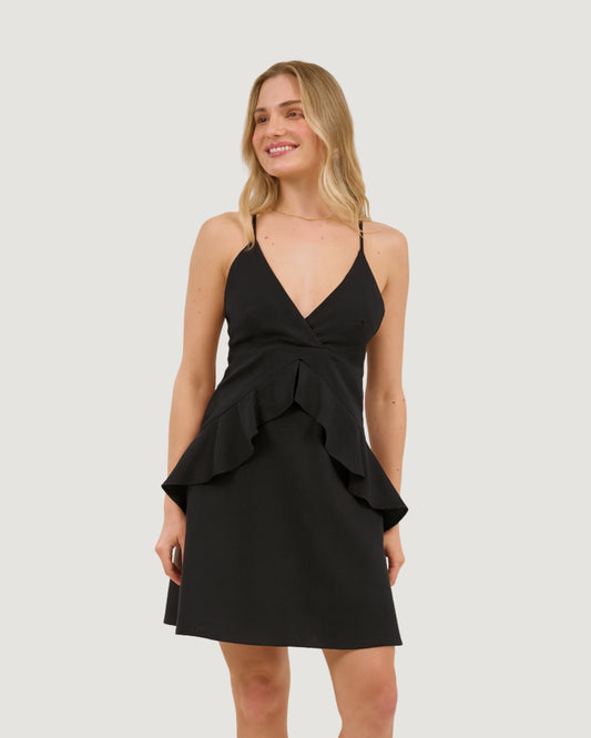VESTIDO CURTO COM BABADO FRONTAL PRETO
