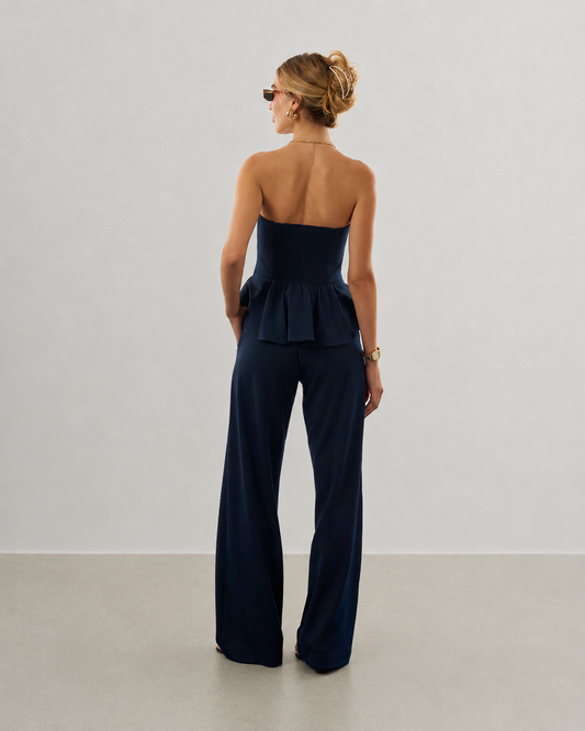 BLUSA DECOTE SEM ALÇAS PEPLUM AZUL