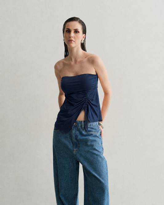 BLUSA TOMARA QUE CAIA FRANZIDA AZUL MARINHO
